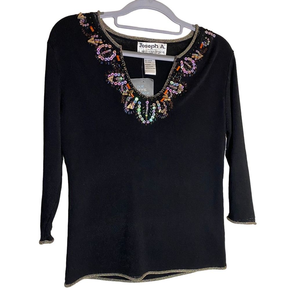 Joseph A. Petite Black Beaded Sequin Collar Knit Pullover Sweater Women's Sz‎ MP